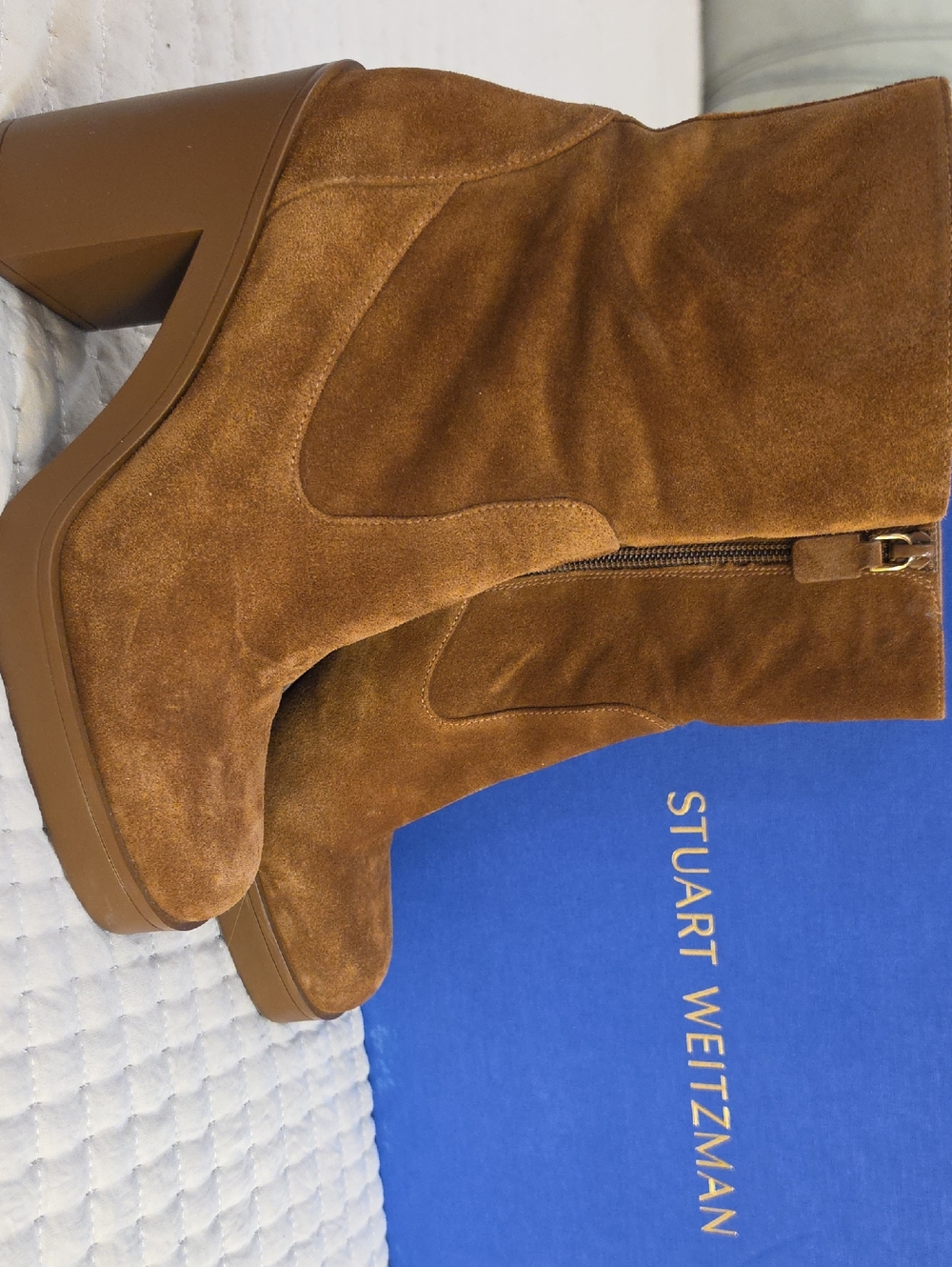 Stuart Weitzman Brown Suede Mid-Calf Block Heel Boots